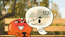 two cartoon characters are sitting on a wooden bench