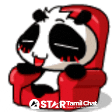 a cartoon of a panda sitting in a red chair with the words star tamil chat on the bottom