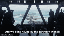 a group of people looking out a window with the caption " are we blind "