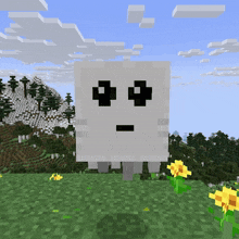 a minecraft character with a sad face standing in a field
