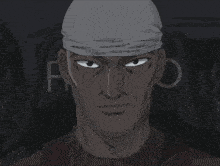 a close up of a man 's face with a bandage on his head with the letter f in the background