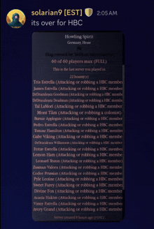 a screenshot of a game called howling spirit shows that it is over for hbc