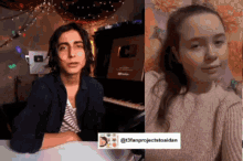 a man and a woman are sitting in front of a piano with a youtube logo on the wall