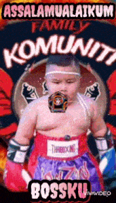 a little boy is wearing boxing gloves and shorts with the word bossku on the bottom .