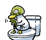 a cartoon penguin is sitting on a toilet holding a bottle of water .