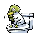 a cartoon penguin is sitting on a toilet holding a bottle of water .