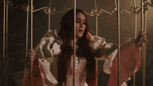 a woman in a pink dress is in a metal cage