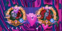 a man and a woman are surrounded by pink hearts and the word veex