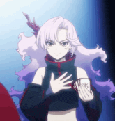 a girl with long white hair is holding a card with the letter x on it