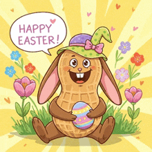 a peanut dressed as an easter bunny is holding an easter egg