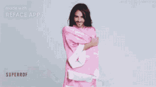 a woman in pink underwear is wrapped in a pink cloth that says reface app
