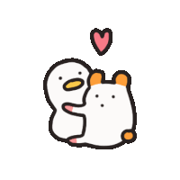 a duck and a bear are hugging each other and a heart is above them .