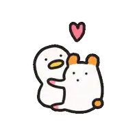 a duck and a bear are hugging each other and a heart is above them .