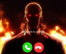 a man in a suit is talking on a cell phone with the words packgod is calling behind him