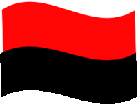 a red and black flag is waving in the wind on a white background .