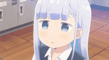 a girl with white hair and blue eyes looks at the camera with a watermark that says sonicstudios