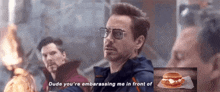 a man wearing glasses says dude you 're embarrassing me in front of a sandwich