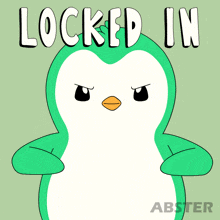 a green and white penguin with the words " locked in " written above it