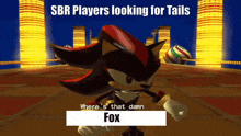shadow the hedgehog in a video game with the words sbr players looking for tails where 's that damn fox