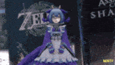 a girl in a purple dress is standing in front of a zelda logo