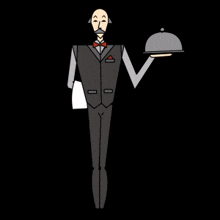 a cartoon drawing of a waiter holding a tray