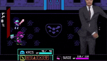 a man in a suit and tie is standing in front of a video game character named kris