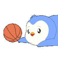 a blue and white penguin is laying down holding a basketball
