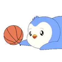 a blue and white penguin is laying down holding a basketball