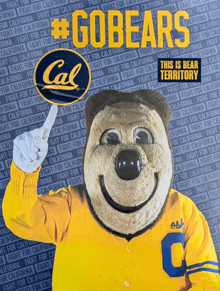 a mascot holding a sign that says gobears