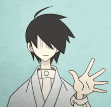 a cartoon of a boy with black hair and a white shirt waving his hand .
