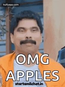 a man with a mustache says omg apples in front of a window .