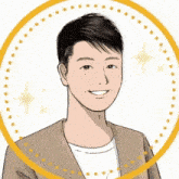 a cartoon drawing of a man in a brown jacket and white shirt smiling .