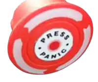 a red and white circle that says press panic on it