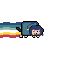 a pixel art illustration of a cat with a rainbow tail