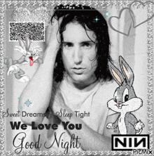 a black and white photo of a man with bugs bunny and the words " we love you good night "