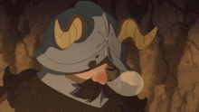 a cartoon character wearing a helmet with horns on it