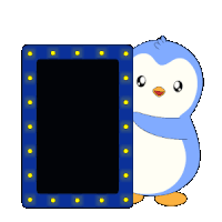 a penguin is peeking out from behind a sign that says c