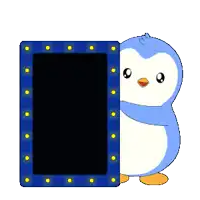 a penguin is peeking out from behind a sign that says c