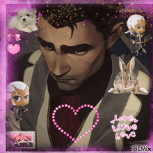 a man in a suit is surrounded by rabbits and a heart with the words love love love on it