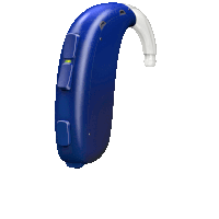 a blue hearing aid with a clear handle and buttons