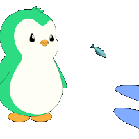 a green and white penguin is standing next to a fish