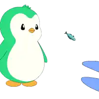 a green and white penguin is standing next to a fish