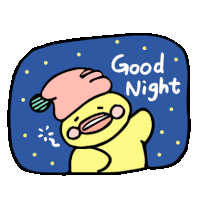 a cartoon of a duck wearing a pink hat and saying good night