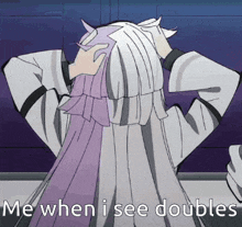 a cartoon of a girl with purple hair and the words me when i see doubles below her