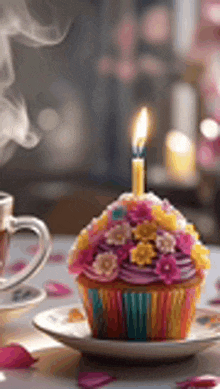 a cupcake with a lit candle on top of it