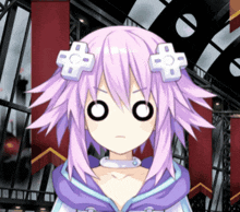 a girl with purple hair and white crosses on her head is making an angry face