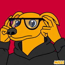 a cartoon dog wearing glasses and a black hoodie with the word milli on the bottom