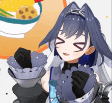 a girl with a crown on her head is holding a bowl of curry