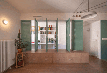 a room with green shutters and drawers and a plant