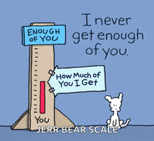 a cartoon of a dog standing next to a ruler that says i never get enough of you